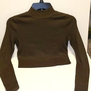 Olive green, high neck, long sleeved crop top